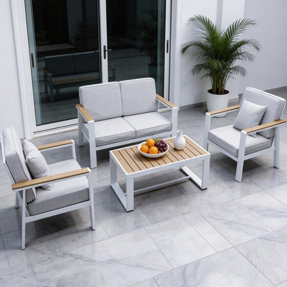 Aluminum Patio Furniture Set,4 Seat Outdoor Conversation Set with Thick Cushions and Coffee Table,Modern Metal Patio Sofa Set White