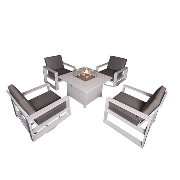 Aluminum Patio Furniture Set, 5 Pieces Outdoor Sectional Conversation Set with 41.34'' Fire Pit Table, Swivel Chair and Armchair, All-Weather Modern Seating Set for Backyard - 2 Swivel + 2 Armchair