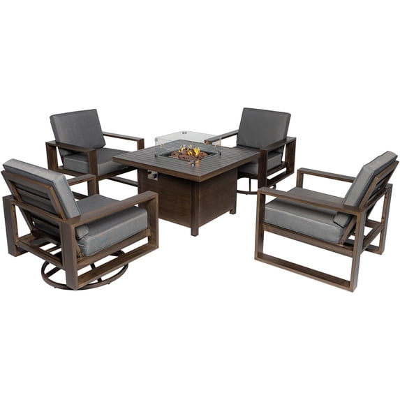 Aluminum Patio Furniture Set, 5 Pieces Outdoor Sectional Conversation Set with 41.34'' Fire Pit Table, Swivel Chair and Armchair, All-Weather Modern Seating Set for Backyard - 2 Swivel + 2 Armchair