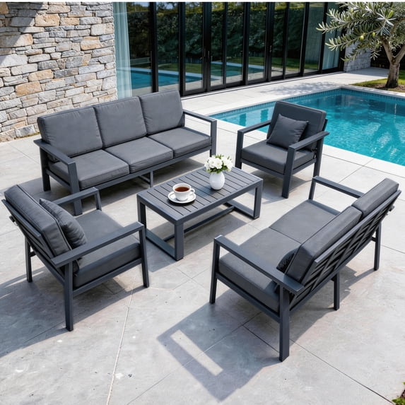 Aluminum Patio Furniture Set,7 Seat Outdoor Conversation Set with Thick Cushions and Coffee Table,Modern Metal Patio Sofa Set Gray