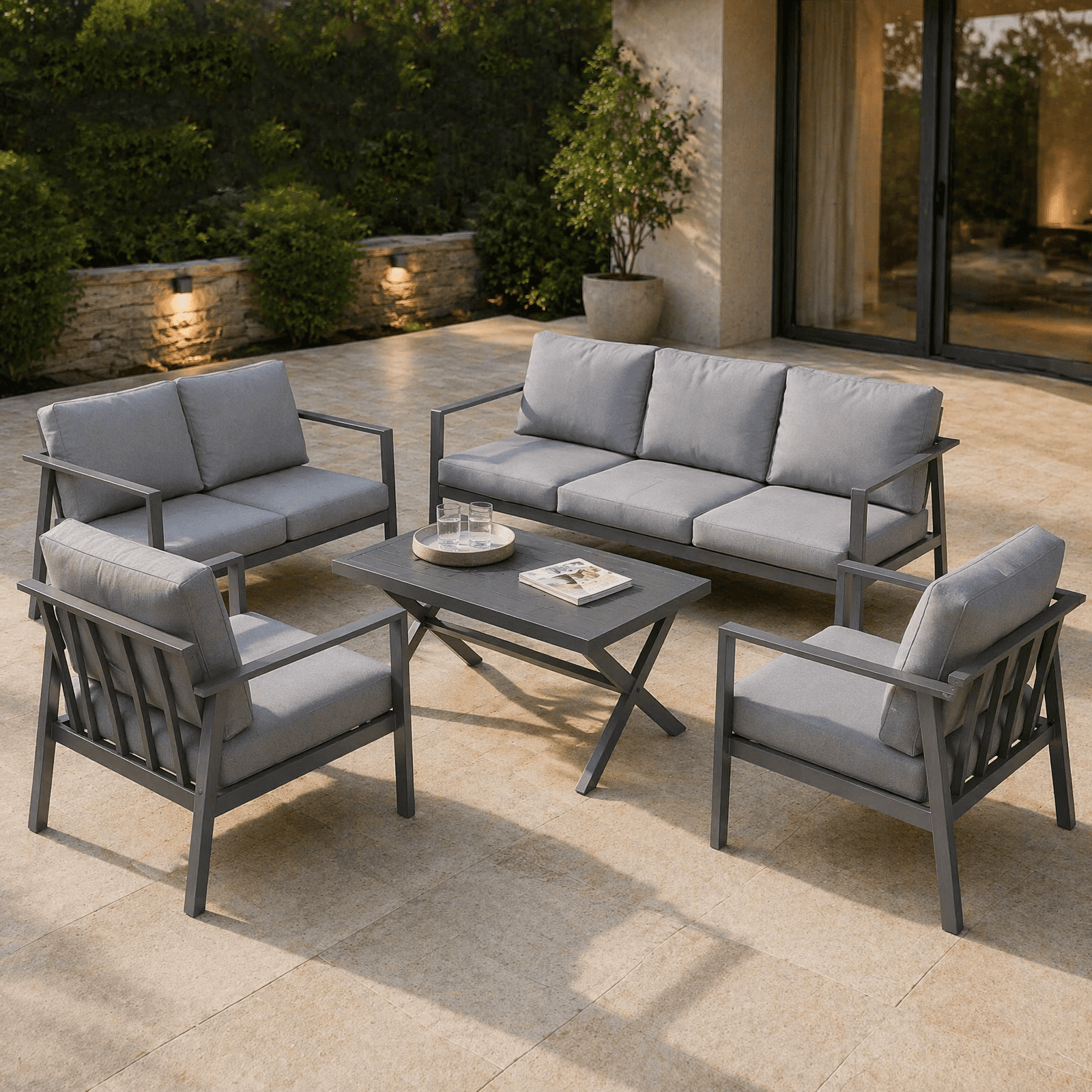 Aluminum Patio Furniture Set with Slim Armrests,4 Seat Modern Outdoor Conversation Set with Cushions and Coffee Table,Metal Patio Sofa Set Gray