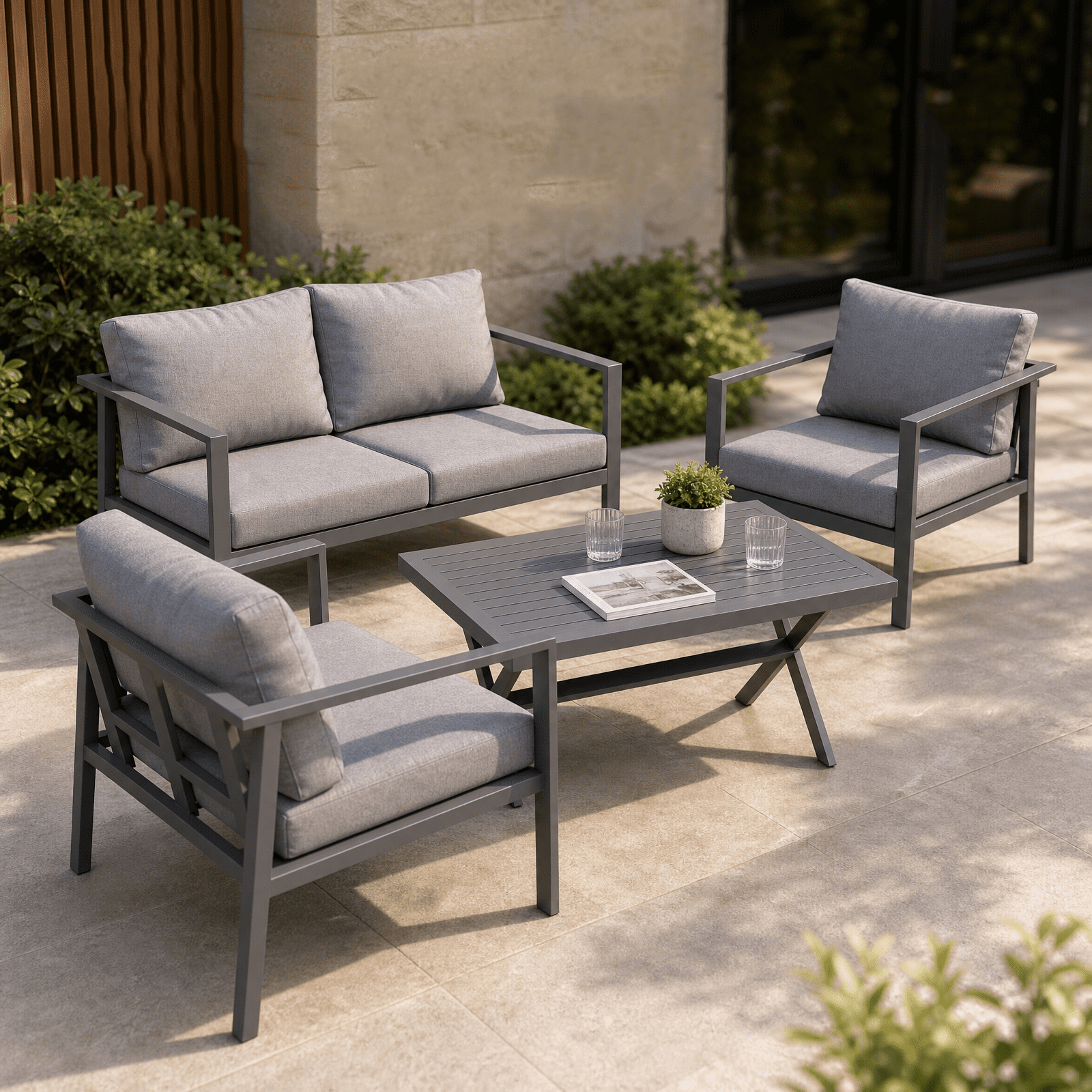Aluminum Patio Furniture Set with Slim Armrests,4 Seat Modern Outdoor Conversation Set with Cushions and Coffee Table,Metal Patio Sofa Set Gray