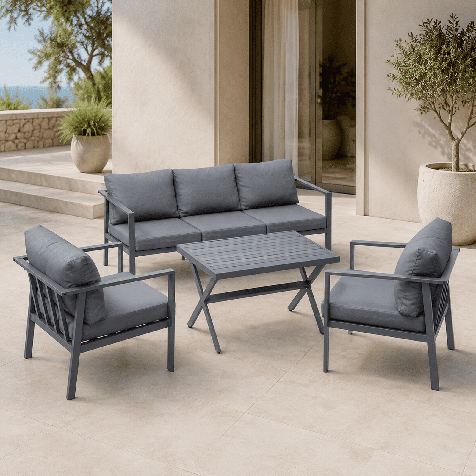 Aluminum Patio Furniture Set with Slim Armrests,5 Seat Modern Outdoor Conversation Set with Cushions and Coffee Table,Metal Patio Sofa Set Gray