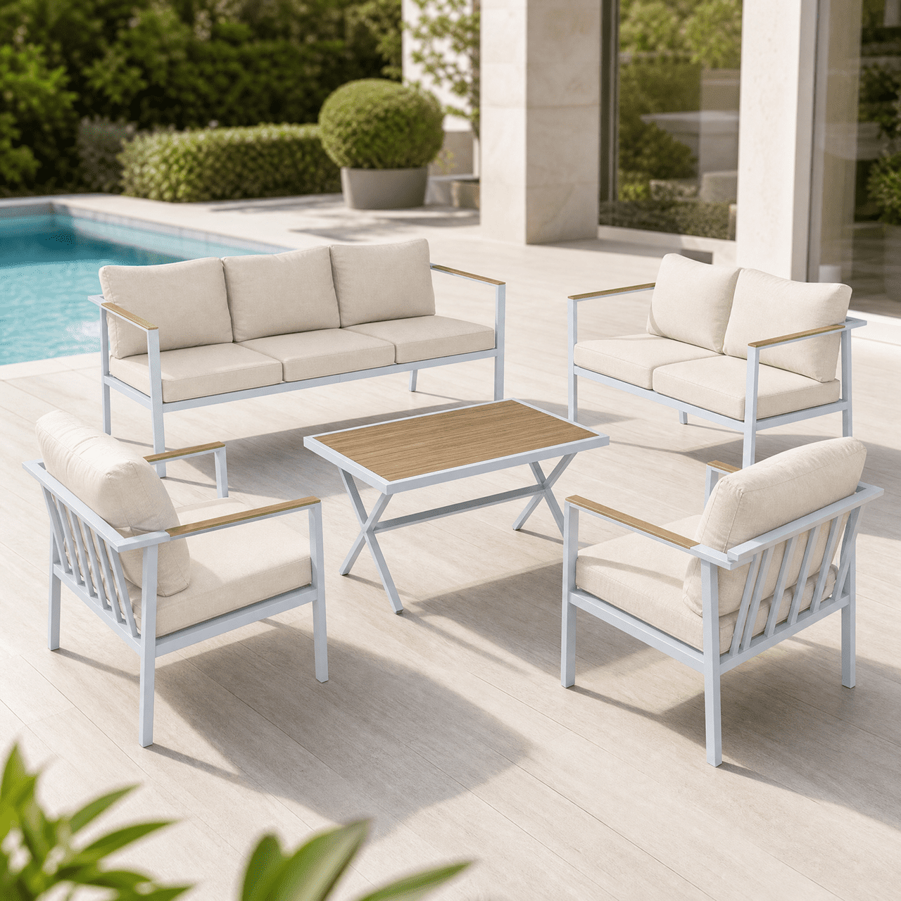 Aluminum Patio Furniture Set with Slim Armrests,7 Seat Modern Outdoor Conversation Set with Cushions and Coffee Table,Metal Patio Sofa Set White