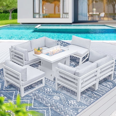 Aluminum Patio Furniture with Fire Pit Conversation Set with 43" Propane Fire Pit Table Safe Approved Outdoor Luxury Sofa Set White Color
