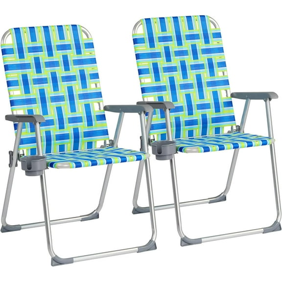 Aluminum Patio Lawn Chairs Folding Set of 2 with Detachable Cup Holder, Webbed Beach Chair Folding Chair Outdoor Portable Camping Chair for Yard, Garden Blue alulawnchair