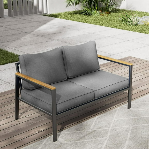 ELPOSUN Metal Patio Loveseat with Plastic Wood Armrest and Angled Backrest, Gray