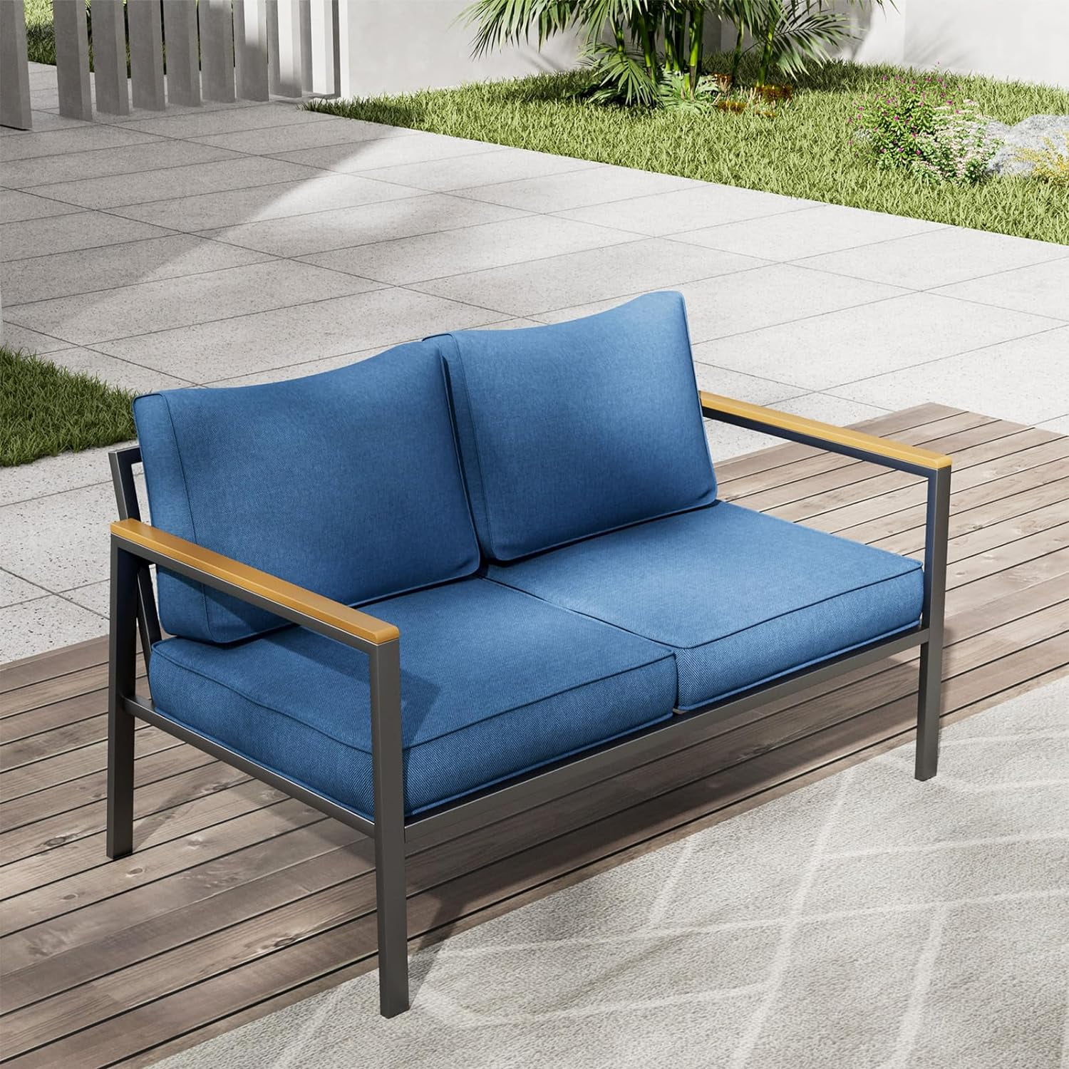 ELPOSUN Aluminum Patio Loveseat with Plastic-Wood Armrest and Angled Backrest, Blue