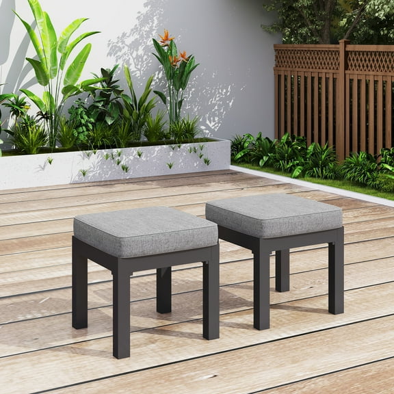 Aluminum Patio Ottoman Set of 2, Outdoor Furniture Footstools Set with Waterproof Removable Cushion, Modern Ottomans Footrest Seat Furniture for Patio, Garden
