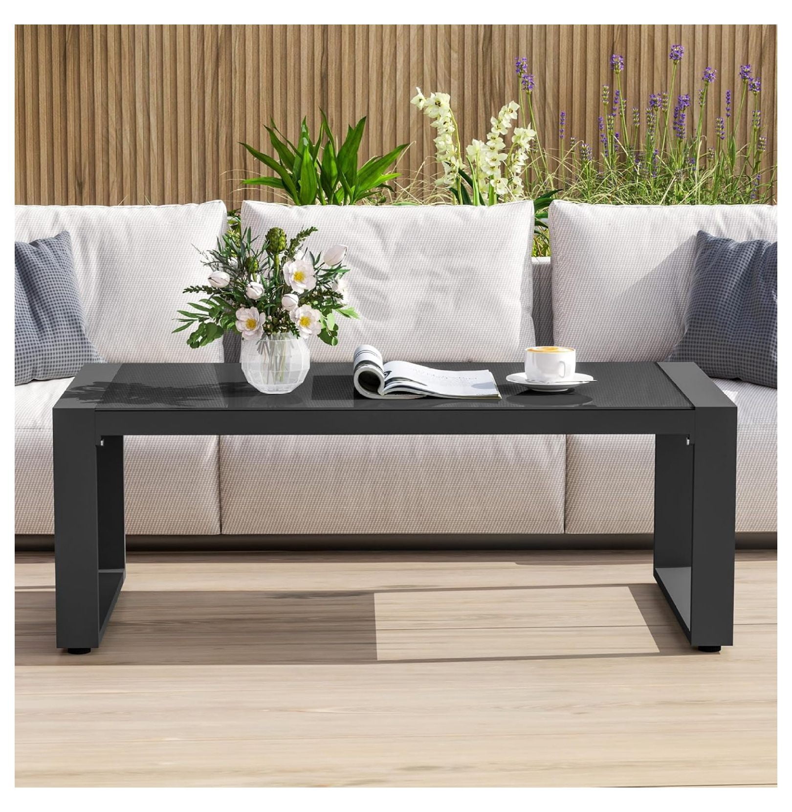 Aluminum Patio Outdoor Coffee Table with Tempered Glass Desktop, U ...