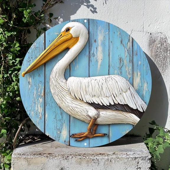 Aluminum Pelican Wall Decor Sign 8"x8" Waterproof Classic Style Faux Wood Carved Round Metal Art for Indoor OutdoorPatio DecorationIdeal for Spring Garland Accents.