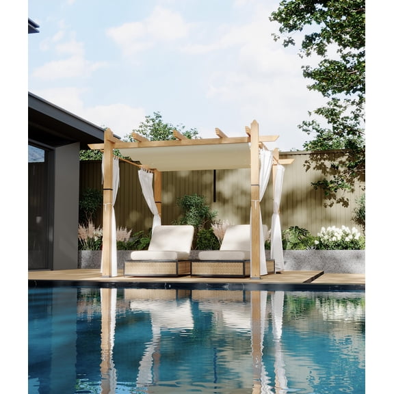 Aluminum Pergola, Retractable Weatherproof Canopy, Mesh Side Curtains, Faux Wood Finish, Waterproof Outdoor Patio Gazebo for Garden, Backyard & Poolside, Beige, 10*10 FT