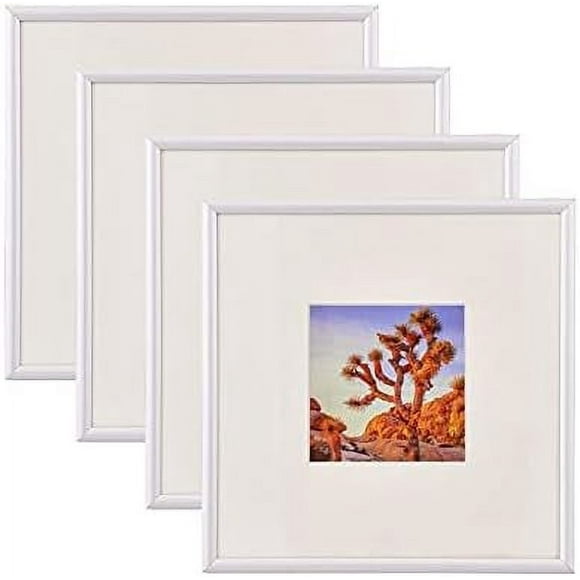 Aluminum Picture Frame and Real Glass -8x8 Picture Frame with Mat for 4x4 Photo Display-Wall Decor or Tabletop Display (Silver, 4-Pack)