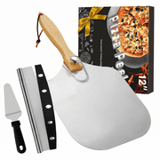 Aluminum Pizza Peel 12"x14" Metal Pizza Paddle with Rocker Cutter, Foldable Wood Handle & Storage Bag for Pizza Oven Baking