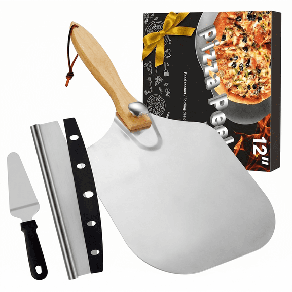 Aluminum Pizza Peel 12"x14" Metal Pizza Paddle with Rocker Cutter, Foldable Wood Handle & Storage Bag for Pizza Oven Baking