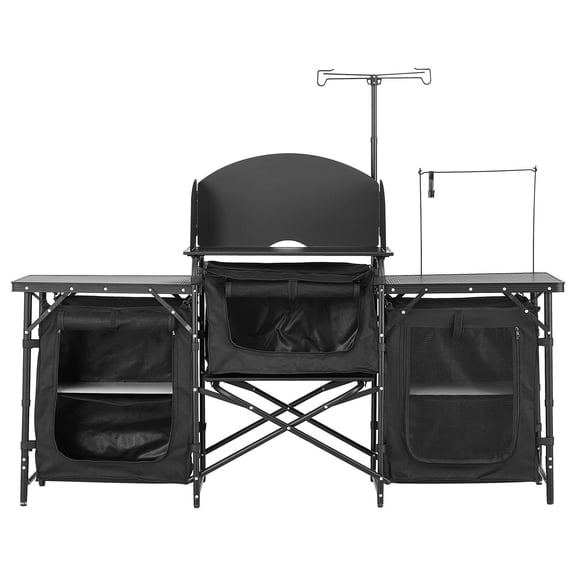 Aluminum Portable Camping Kitchen Table with 3 Storage Cupboards Carrying Bag Detachable Windscreen Quick Setup for Outdoor BBQ Picnic RV Travel Black
