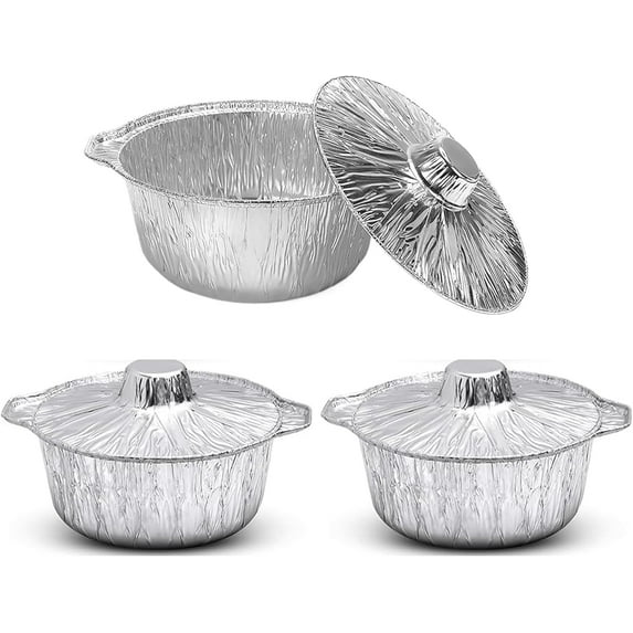 Aluminum Pots with Lids: Disposable Cookware Aluminum Foil Pans Round Tin Foil Pans, Multi-use Tinfoil Camping Pot Food Containers for Oven Toaster Grill Cooking Roasting (3PCS, L)