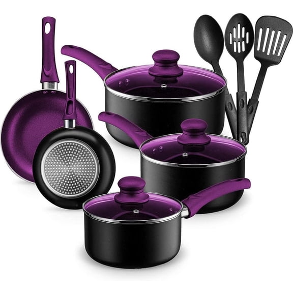 Aluminum Pots and Pans Set for Kitchen - Nonstick Stackable Induction Cookware, 11 Pcs, Purple