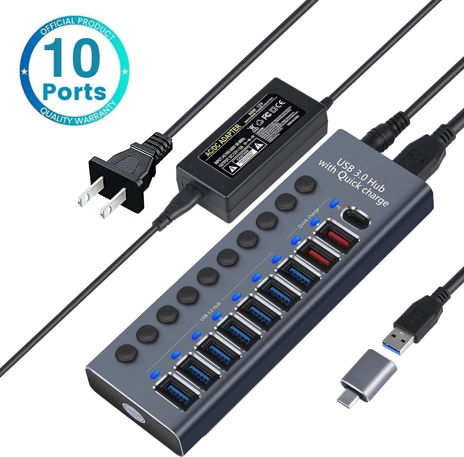 Aluminum Powered USB 3.0 Hub, 10-Port USB Hub Splitter (7 USB 3.0 Data Transmission Ports + 2 Smart Charging Ports + 1 PD Charging Port), with 60W (12V/5A) Power Adapter and Independent Switch