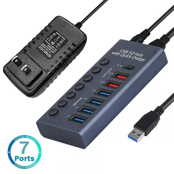 Aluminum Powered USB 3.0 Hub,AUBEAMTO 7-Port USB Hub Splitter (4 USB 3.0 Data Transmission Ports + 2 Smart Charging Ports + 1 PD Charging Port), with 36W (12V/3A) Power Adapter and Independent Switch