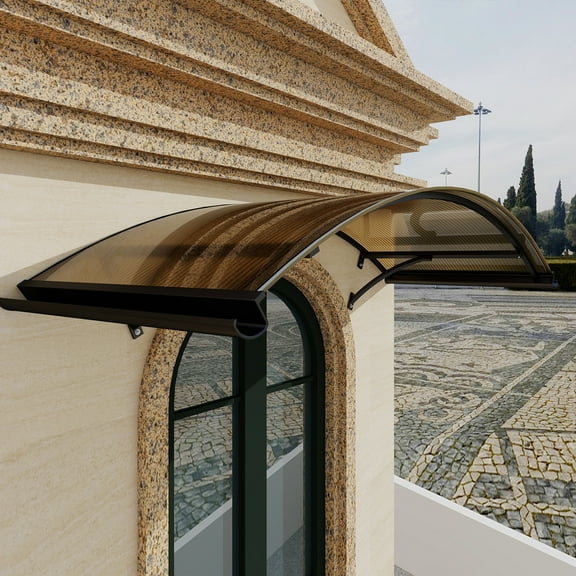 Aluminum Rainbow Arched Polycarbonate Canopy, Black Frame Brown Panel 61"×37.4" All-Weather & Multi-Wall Compatible, UV-Resistant Rain/Sun/Wind Shelter for Arched Doors/Windows/Buildings