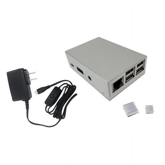 Aluminum Raspberry Pi 3 Model B B Plus Case with Power Adapter - Silver
