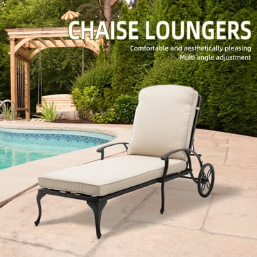 Aluminum Reclining Outdoor Chaise Lounge with Wheels and Cushions-Beige