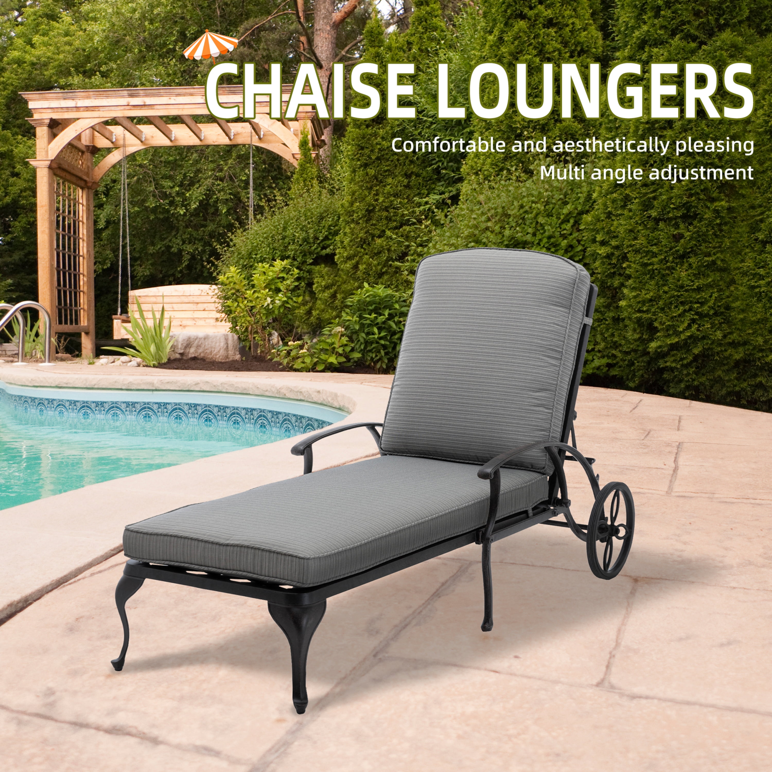 Aluminum Reclining Outdoor Chaise Lounge with Wheels and Cushions Beige Walmart