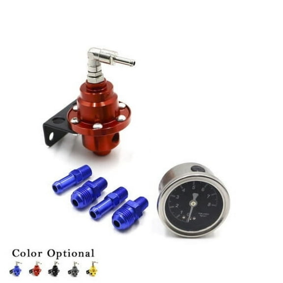 Aluminum Red Universal Adjustable Fuel Pressure Regulator + Gauge + Fitting Kit