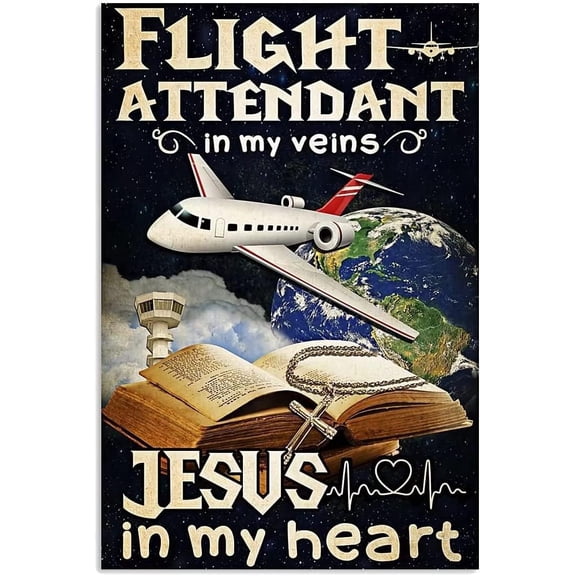 Aluminum Retro Poster Flight Attendant-Jesus Quote Novelty Metal Tin Sign Wall Art For Fashion Room Bedroom Aviation Office Living Room Aesthetic Wall Decor Gift 8x12Inches