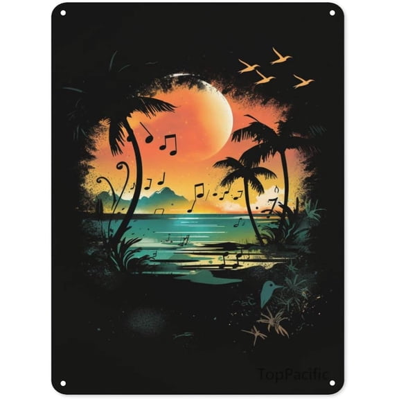 Aluminum Retro Tin Sign Beach and Coconut Trees at Dusk Wall Decor 12 x 8 Inch