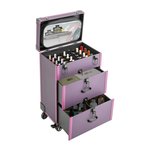 Aluminum Rolling Makeup Train Case Salon Cosmetic Storage Trolley Organizer Box Purple