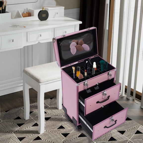 1 PCS Pink 57*36*23cm/22.4*14.2*9.1in Professional Rolling Cosmetic Makeup Train Case Aluminum Trolley Train Case Box Storage Organizer