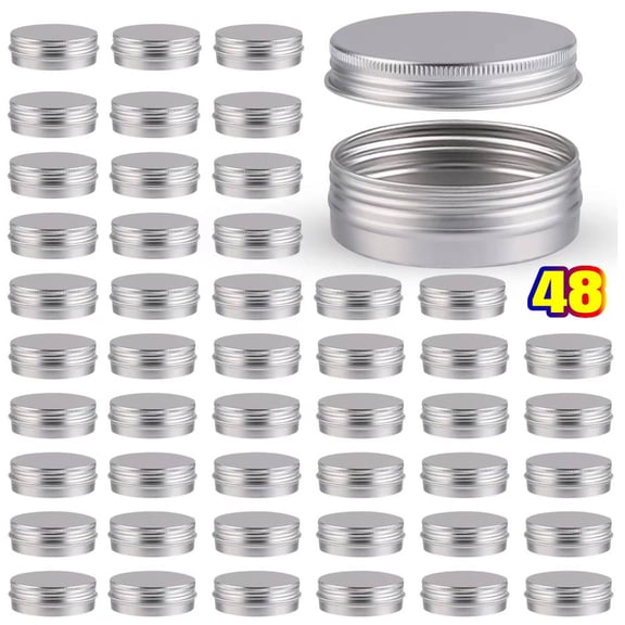 Aluminum Round Cans, 48 Pack 2 Oz Round Tin Containers Empty Container Aluminum Tin Jar with Screw Lid and Labels for Crafts, Candle, Balms, Make Up Storage
