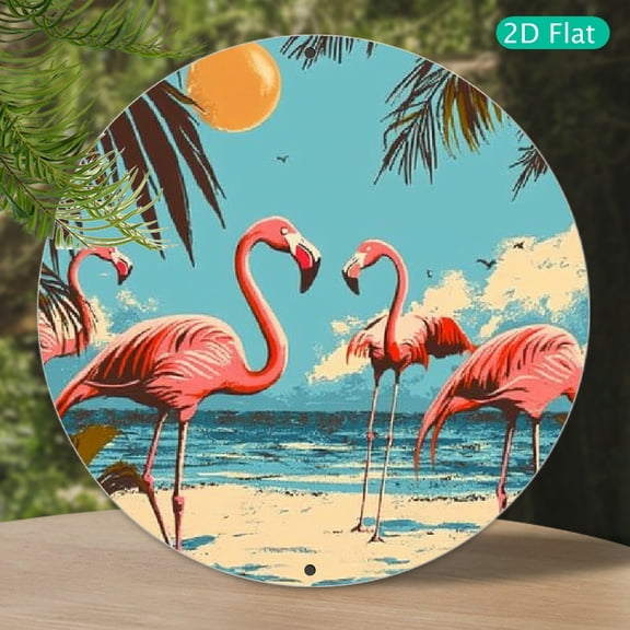 Aluminum Round Metal Sign - Tropical Flamingo Sunset Illustration - Vintage Mid-Century Wall Art for Birthday, Bachelor, Graduation, Beach Parties & Anniversaries - Weather-Resistant Outdoor Decor