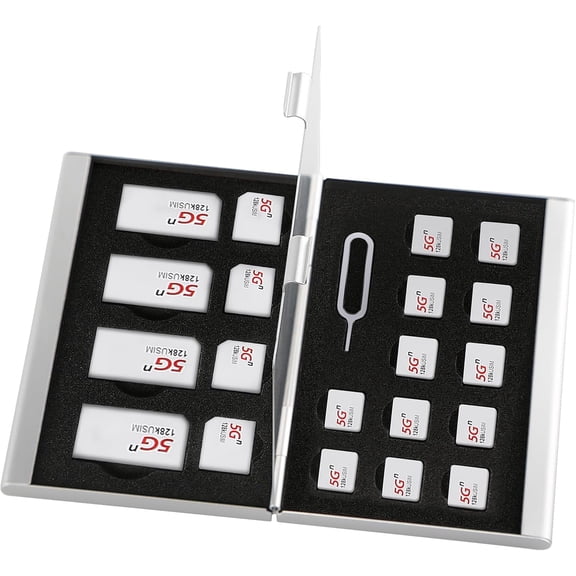 Aluminum SIM Card Case, 21Slots Ultrathin SIM Card Holder, Fit for 4 SIM Card, 4 Micro sim Card, 12 Nano sim Card and 1 Cell Phone Eject Pin Slots, Silver