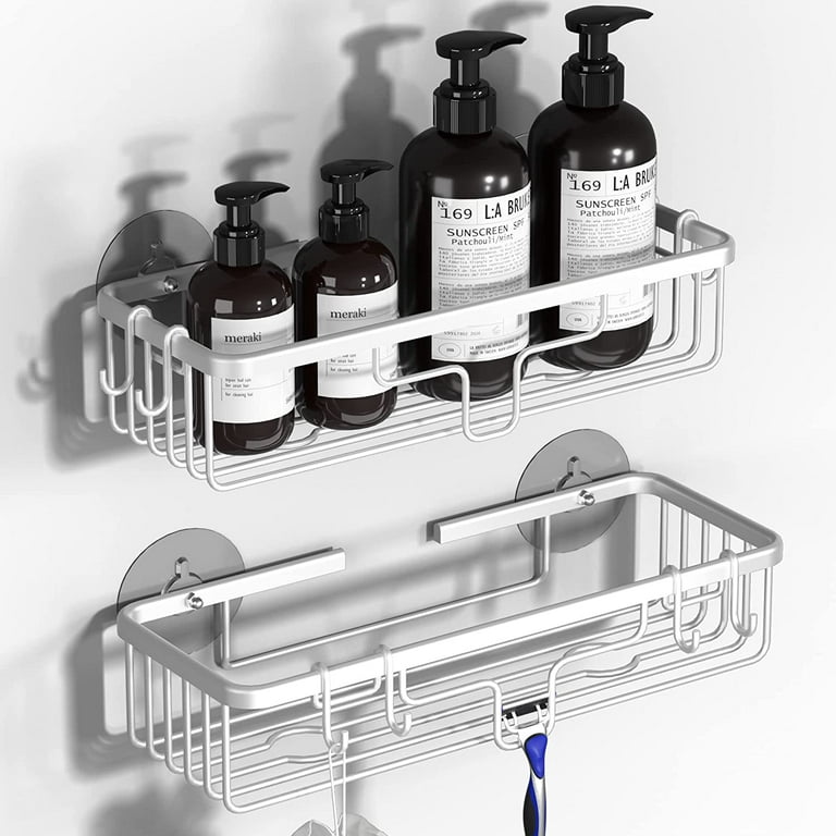 Aluminum Shower Caddy Shelf With Sticker , Bathroom Shelves,Toiletry  Storage Organizer (Silver)