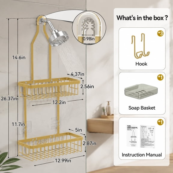 Aluminum Shower Caddy Hanging, 2-Tier Shower Organizer with Hooks and Soap Holder, Rust-Resistant Shower Rack for Bathroom, Gold Finish
