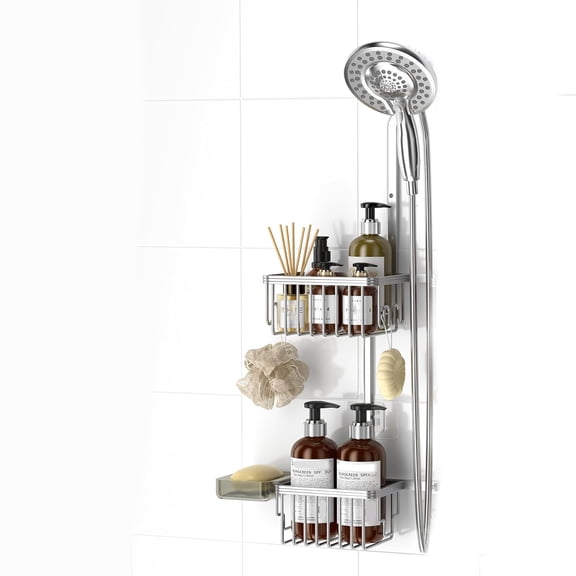 Aluminum Shower Caddy Hanging Adjustable, Rustproof Hanging Organizer with Hooks Soap Holders, Over Shower Head Caddy for Handheld Showerhead, Silver