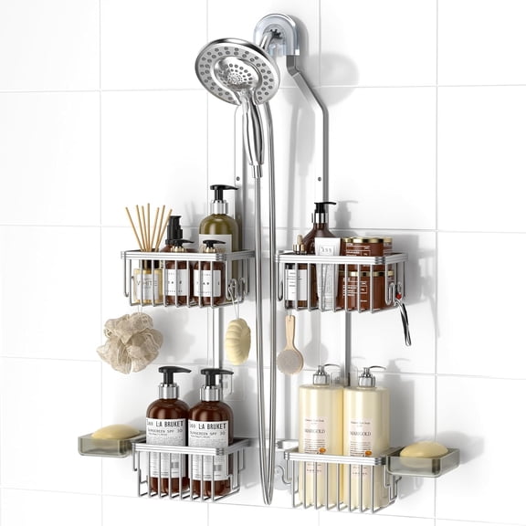 Adjustable Hanging Shower Caddy in Silver, Rustproof Aluminum Organizer with Hooks and Soap Holders, Over-Shower-Head Design, 22.4 to 26.4 Inch Height