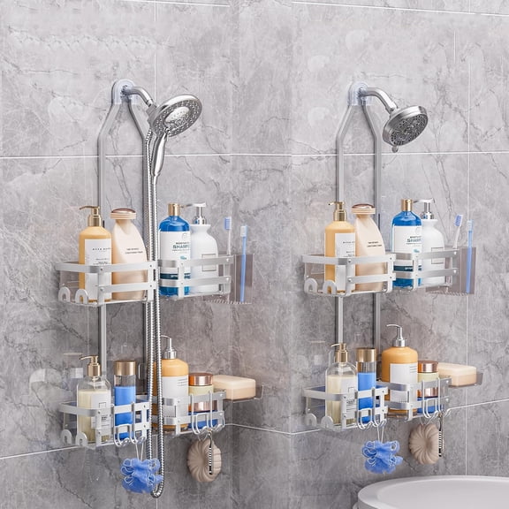 Aluminum Shower Caddy Hanging, Never Rust Shower Organizer with Adjustable Hooks for Razor and Sponge, Rack with Soap Basket