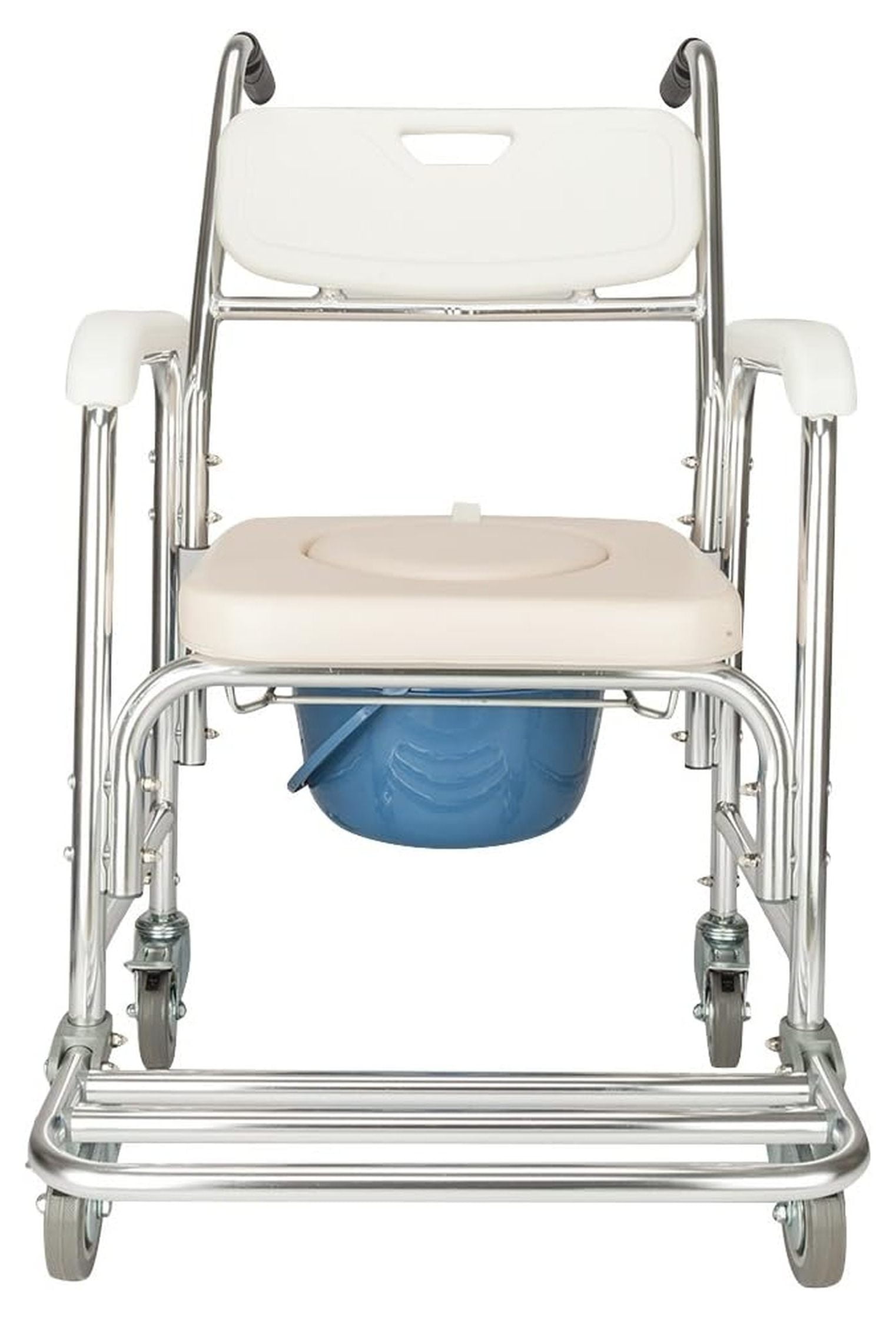 Aluminum Shower Chair Bedside Commode with Casters & Padded Seat Rolling Transport Chair Lockable Wheelchair Bedside Toilet Seat for Handicap Patient and Seniors