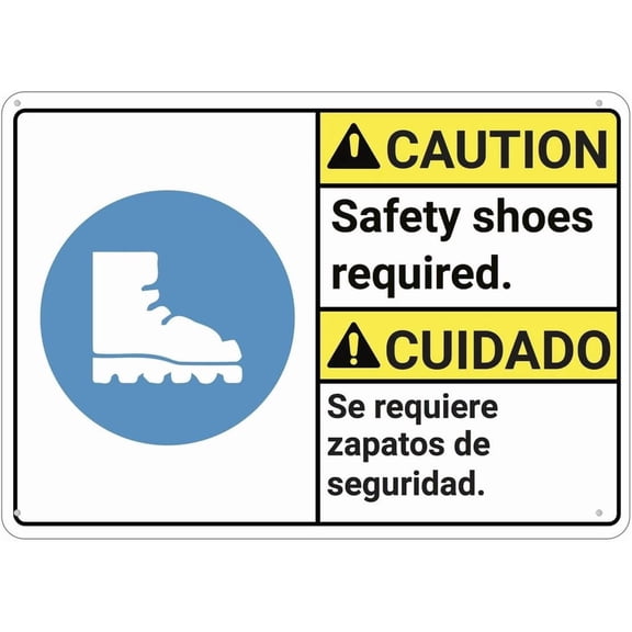 Aluminum Sign Caution Shoes Required Bilingual Spanish 8"x12" UV Printed