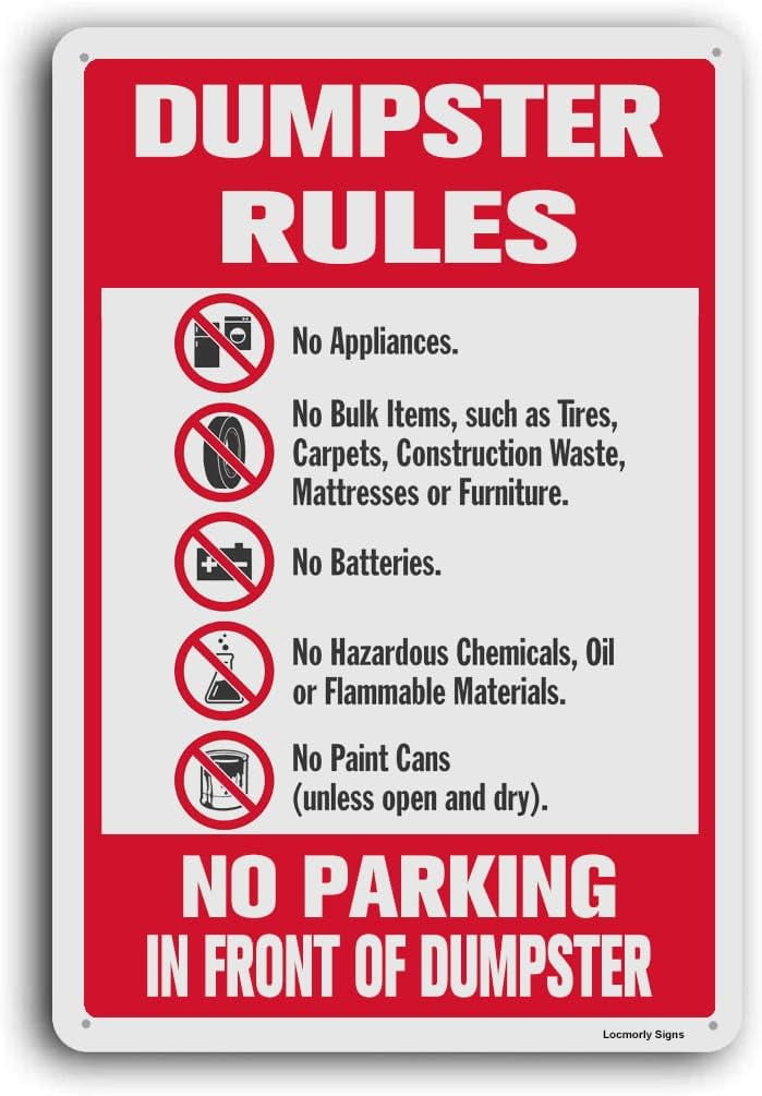 Metallschild „Dumpster Rules – No Parking“ – 45,7x30,5 Cm, Reflektierend, Wetterfest Für Draußen