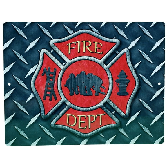 Aluminum Sign - Firemans Cross Diamond Plate Background - 12" x 9"