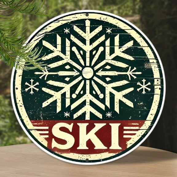 Aluminum Ski Sign, Pack of 1, Vintage Snowflake Design - Welcome Home Wall Art for Celebrations, Theme Parties, Caf, Bar | Indoor Decor 7.8" Diameter