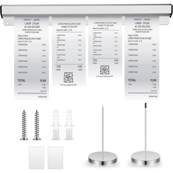 Aluminum Slide Check Rack with 2 Pcs Receipt Holder Spike Desk Receipt Holder Restaurant Ticket Holder Silver ticket Rail Bill Orders Display Rail for Kitchen Office Cafes Bar Note Organizer(16 Inch)