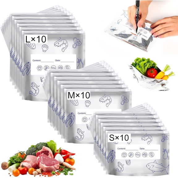 Aluminum Storage Bags For Freezer, Reusable Aluminum Foil Sealable Storage Bags 30Pcs 3 Sizes with Zipper Lock, Freezer Safe Stand Up Bags