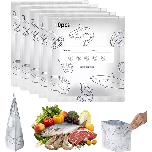 Aluminum Storage Bags For Freezer, Reusable Sealable Stand Up Zipper Pouches with Label Easy to categorize, Freezer Safe & Leak Proof