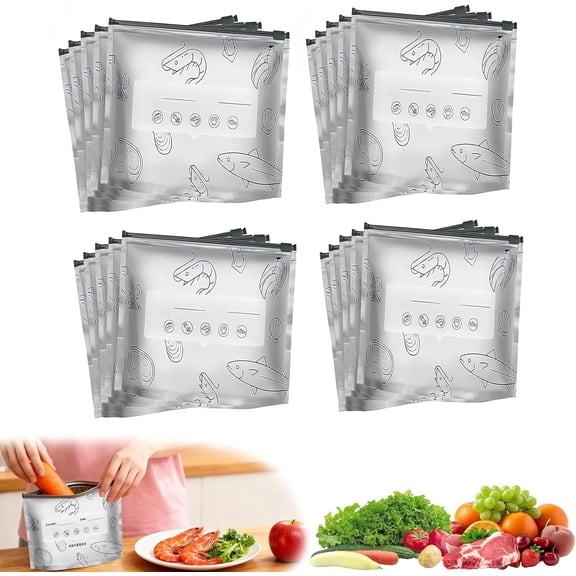 Aluminum Storage Bags For Freezer, 2026 New Resealable Vacuum Zipper Pouches for Food, Stand Up Foil Sealable Bags with Label and Zip Lock for Vegetable Fruit Meat